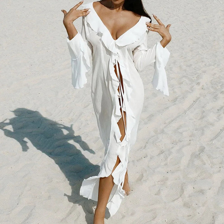 Copricostume estivo da spiaggia con scollo a V, bikini ampio con volant, protezione solare, grembiule, costume da bagno, manica lunga, copricostume per donna platinumshop