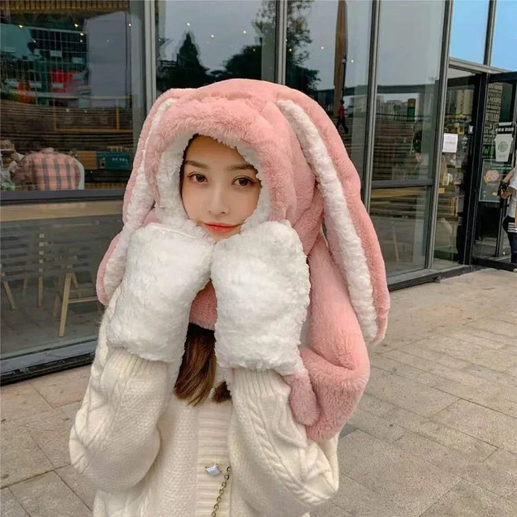 New Fashion Scarf Hat Glove Women Cute Big Ear Bunny Beanie Winter Warm Soft Thickening Pocket Warm Ear Hats Hooded Skullie Caps
