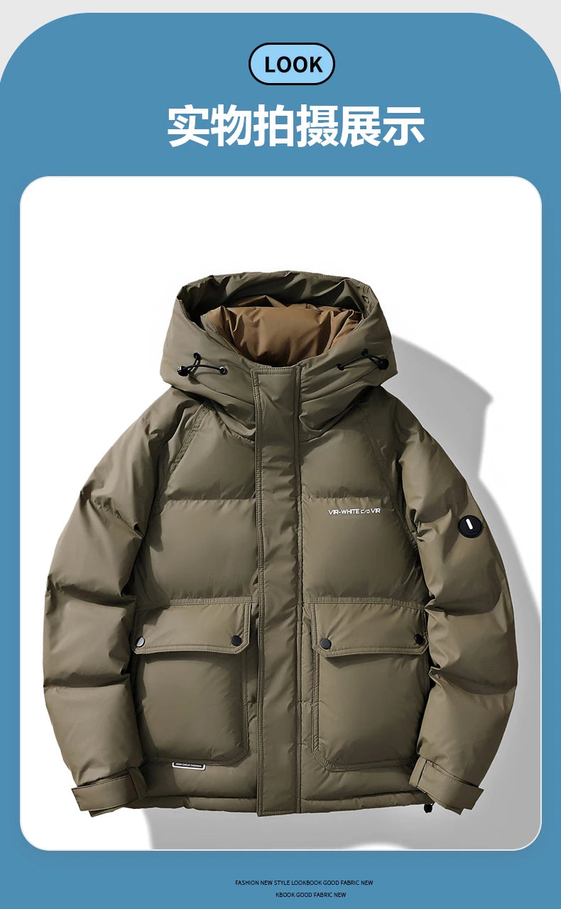 2024 Piumino corto con cappuccio, piumino da uomo in tinta unita, caldo cappotto casual in piuma d'anatra bianca