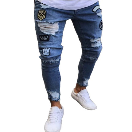 New embroidered fine grain jeans for men, cotton elastic hole slim fit hip-hop denim pants, casual jeans for men, jogging pants PlatiNum