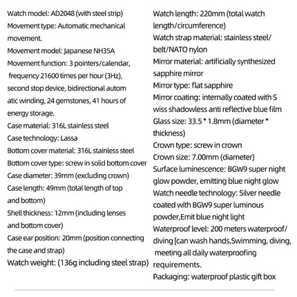 ADDIESDIVE Luxurious Men's Automatic Watch 8215 Mechanical Watches Sapphire Glass 200m Waterproof Analog Luminous Watches AD2525