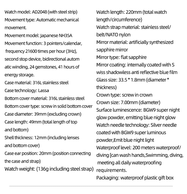 ADDIESDIVE Luxurious Men's Automatic Watch 8215 Mechanical Watches Sapphire Glass 200m Waterproof Analog Luminous Watches AD2525