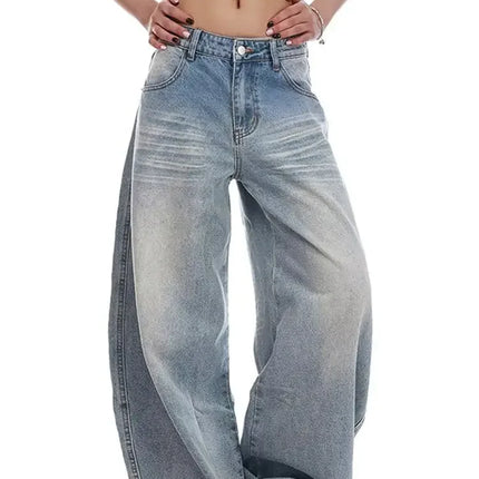 Jeans Casual Vintage Y2k con Ricami, Blu, Vita Alta, Gamba Larga, Stile Americano Retrò Anni '90
