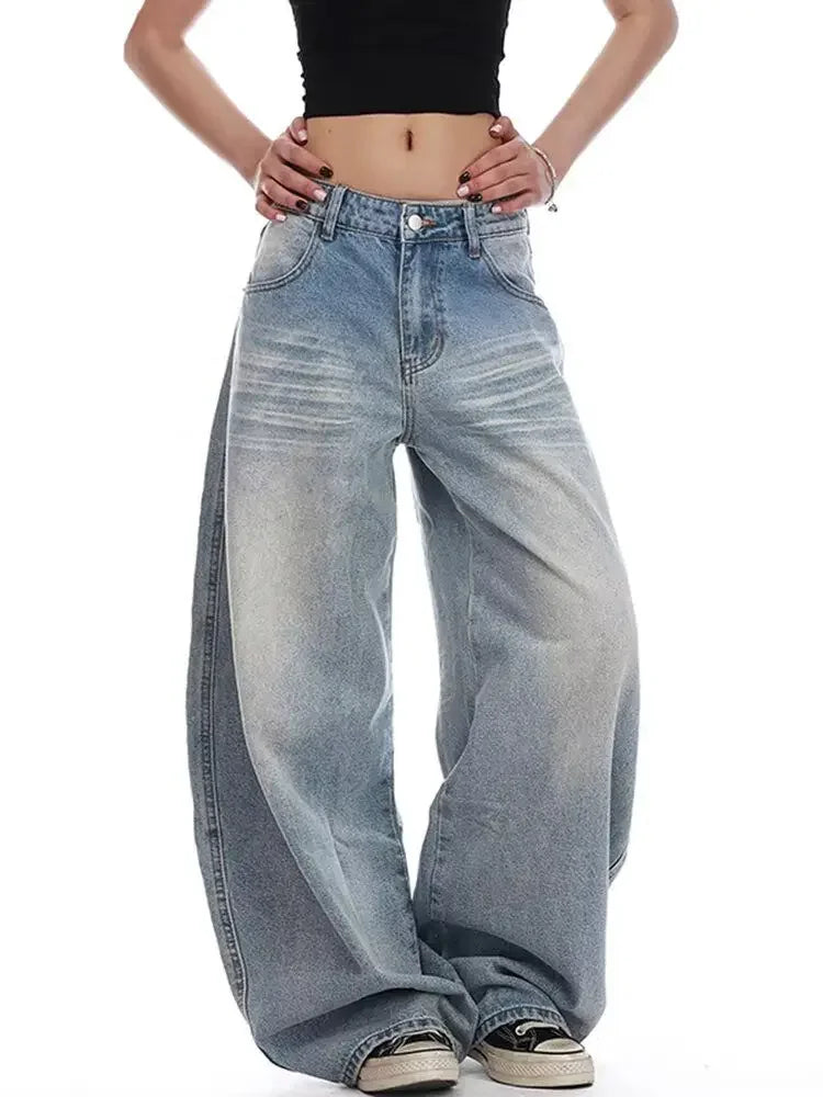 Jeans Casual Vintage Y2k con Ricami, Blu, Vita Alta, Gamba Larga, Stile Americano Retrò Anni '90