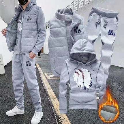 3 Pieces Set Hoodies+Vest+Pants Casual Men's Track Suit Clothing Coats Winter Thick Warm Tracksuit for Men Printed Mens Set Vest