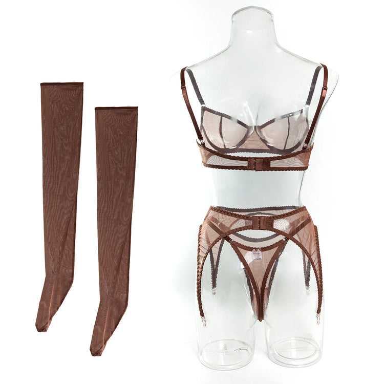 Krasapt Sexy Mesh See Through Lingerie 4 Piece Sets Woman Sheer Push Up Bras And Panties Garter Suits Erotic Intimate Outfits