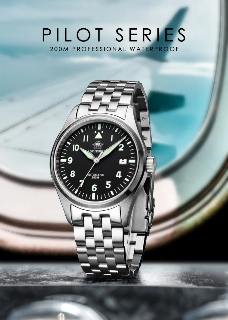 ADDIESDIVE Classic Men's watch Sapphire Automatic 8215 Stainless Steel Pilot watch Leather Luminous 200m Diving Dress Watch New
