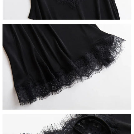 Abbigliamento primavera/autunno da donna 23% seta di gelso naturale allentato scollo a V pizzo slip camicia da notte tinta unita sexy abito base lavorato a maglia
