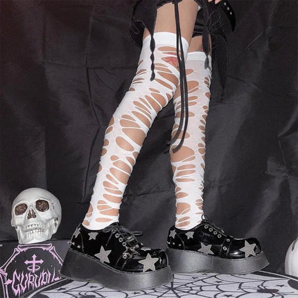 Calza traforata sexy da donna Halloween gotico nero punk cinturino strappato Y2k collant sfilacciato calze intimo festa collant