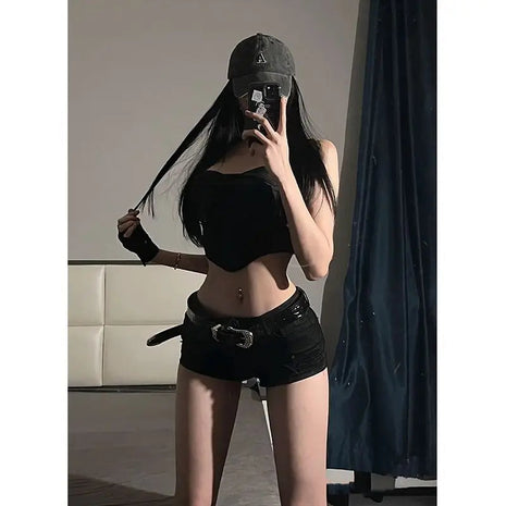 Stretchy Ripped Hem Low Rise Gothic Denim Shorts Slimming Black Hotpants for Women Y2K High Street Booty Shorts PlatiNum