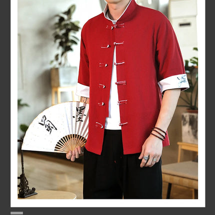 Nuovo gru ricamo top abbigliamento tradizionale cinese per uomo camicie vintage in lino a mezza manica colletto Madarin solido Hanfu Kungfu