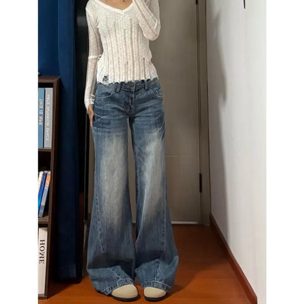 Nuovi jeans lavati a vita bassa taglienti vintage americani da donna Pantaloni in denim versatili con gamba larga svasata e lunghezza fino al pavimento