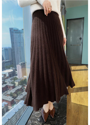 Autumn And Winter Fashion Mink Cashmere Mid Length High Waist Skirt For Women, Knitted Umbrella Skirt, Fashionable Pleated Skirt PlatiNum