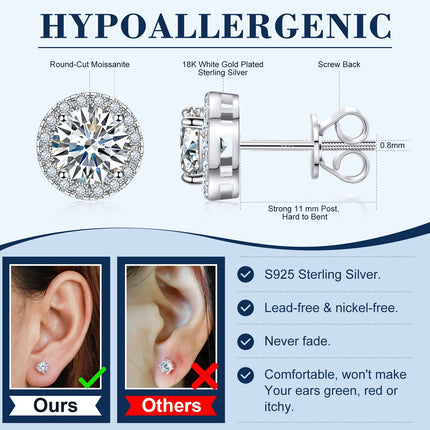 TUHE Unisex Classic Round Moissanite Earrings 925 Silver  For Women  D Color VVS1 Moissanite Round Earrings Fine Jewelry PlatiNum