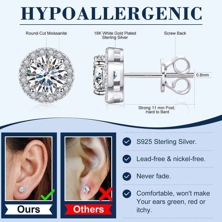 TUHE Unisex Classic Round Moissanite Earrings 925 Silver  For Women  D Color VVS1 Moissanite Round Earrings Fine Jewelry PlatiNum