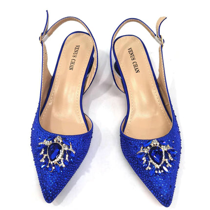 Venus Chan Royal Blue Sandals for Women 2024 Luxury Wedding Pumps Med Heels strass Design Party Shoes and Bags Set