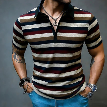 Men's Summer Short Sleeve Polo Shirts, Striped Lapel Collar T-shirts, T19