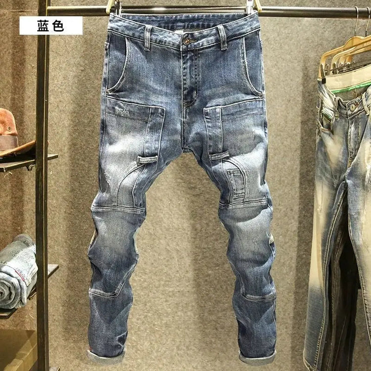 2025 Spring Autumn Korean Luxury Clothing New Cargo Brand Tooling Jeans Men's Slim High Street Men's Splicing Patch Trousers PlatiNum