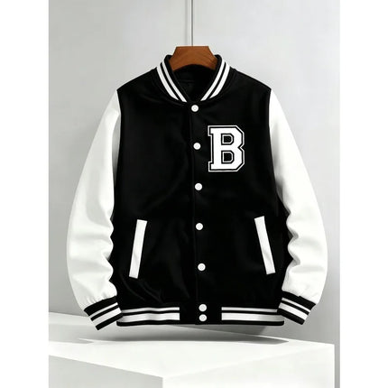 Preppy Style B-class printed baseball jacket with black and white color block sleeves and contrasting colors