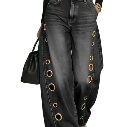 Jeans da Donna a Gamba Larga, Vita Media, con Dettagli Traforati, Effetto Vintage, Stile High Street, Eleganti, da Lavoro, Casual, Pantaloni Dritti