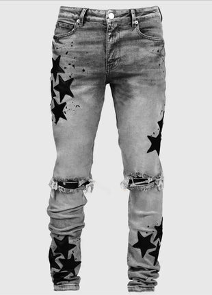 Vintage Star Print Stretch Punk Style Ripped Jeans Men's Streetwear Fashion Pocket Male Youth Daily Casual Denim Pencil Pants PlatiNum