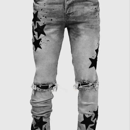 Vintage Star Print Stretch Punk Style Ripped Jeans Men's Streetwear Fashion Pocket Male Youth Daily Casual Denim Pencil Pants PlatiNum