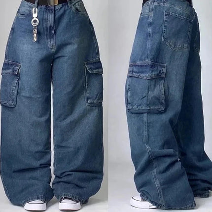 Street Vintage Jeans New Y2K Harajuku Wash Blue Multiple pockets Baggy Jeans Denim Pants Mens Womens High Waist Wide Trousers PlatiNum