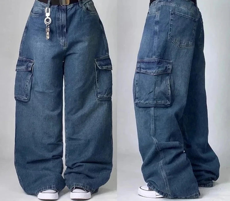 Street Vintage Jeans New Y2K Harajuku Wash Blue Multiple pockets Baggy Jeans Denim Pants Mens Womens High Waist Wide Trousers PlatiNum
