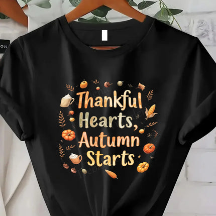 T-shirt femme confortable avec imprimé "Jolis cœurs Autumn Starts - T-shirt graphique festif d'automne"