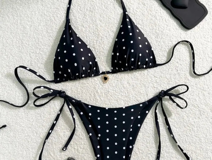 Set bikini sexy Costume da bagno 2 pezzi a pois bianco nero per donna Bikini da spiaggia stile americano platinumshop