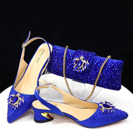 Venus Chan Royal Blue Sandals for Women 2024 Luxury Wedding Pumps Med Heels strass Design Party Shoes and Bags Set