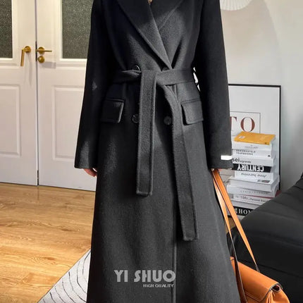 High-end White Thick Double-sided Wool Cashmere Coat Long Women Fashion Casual Loose Lapel Lace-up Woolen Jacket Autumn Winter