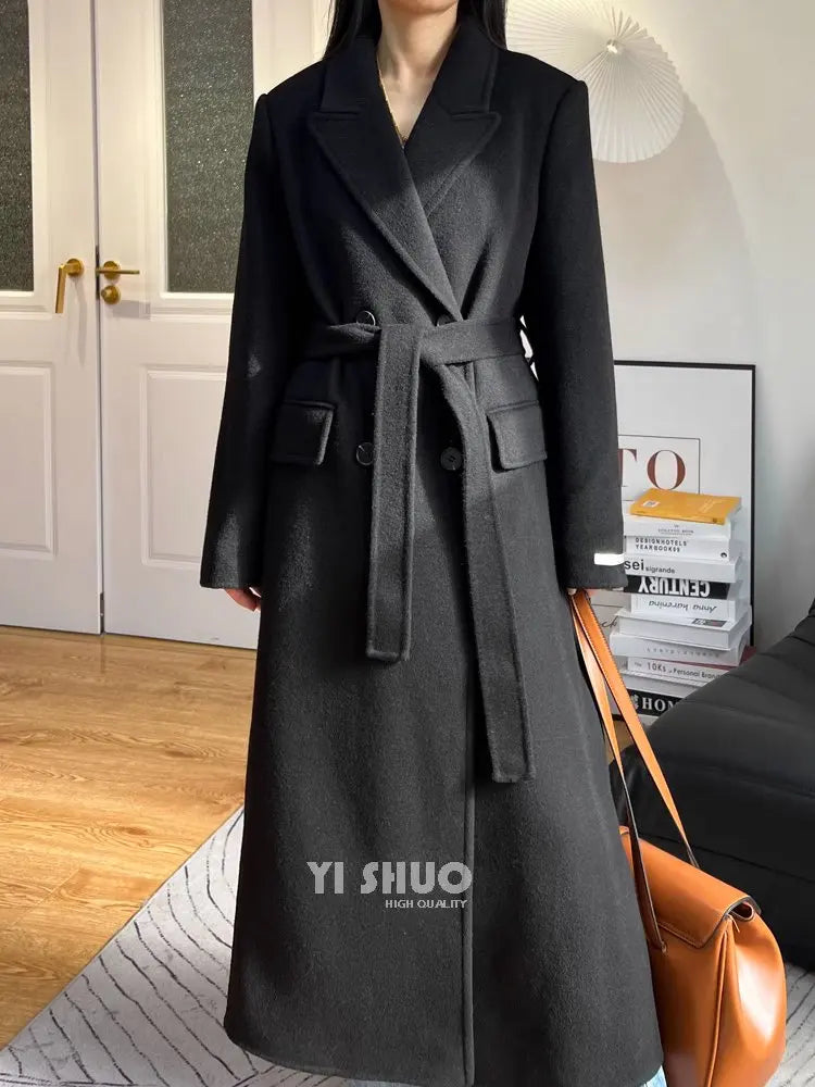 High-end White Thick Double-sided Wool Cashmere Coat Long Women Fashion Casual Loose Lapel Lace-up Woolen Jacket Autumn Winter