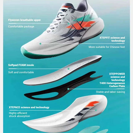 Xtep 360X 2.0 Professional Marathon Running Shoes For Men Racing Carbon Plate Shock Absorbent Sports Training Shoes 975219110035 PlatiNum