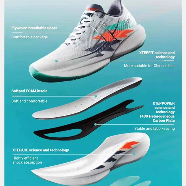 Xtep 360X 2.0 Professional Marathon Running Shoes For Men Racing Carbon Plate Shock Absorbent Sports Training Shoes 975219110035 PlatiNum