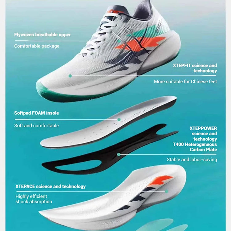 Xtep 360X 2.0 Professional Marathon Running Shoes For Men Racing Carbon Plate Shock Absorbent Sports Training Shoes 975219110035 PlatiNum