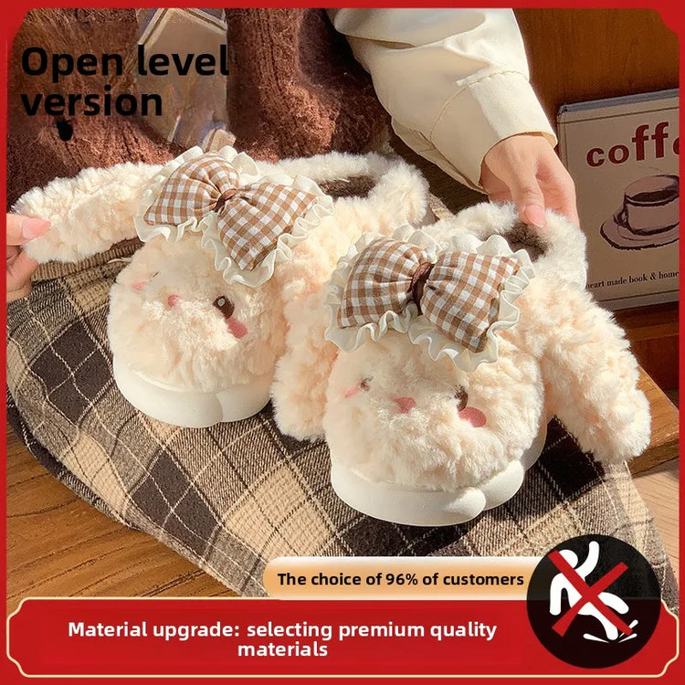 2026 New Women's Cotton Bow Bunny Slippers Winter Indoor Home Warm Household Wool Cotton Shoes Women Wear Indoor Winte
