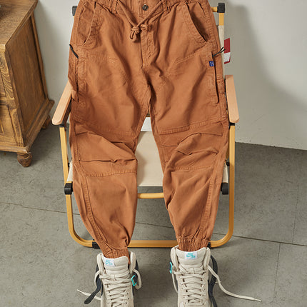 Autumn New American Retro Woven Cargo Pants Men's 97.5% Cotton Washed Elastic Waist Drawstring Loose Casual Anke-tied Trousers