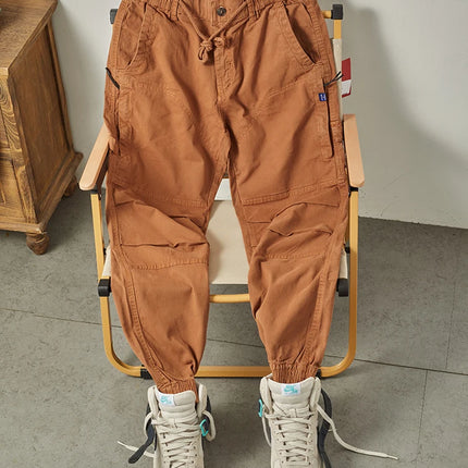 Autumn New American Retro Woven Cargo Pants Men's 97.5% Cotton Washed Elastic Waist Drawstring Loose Casual Anke-tied Trousers