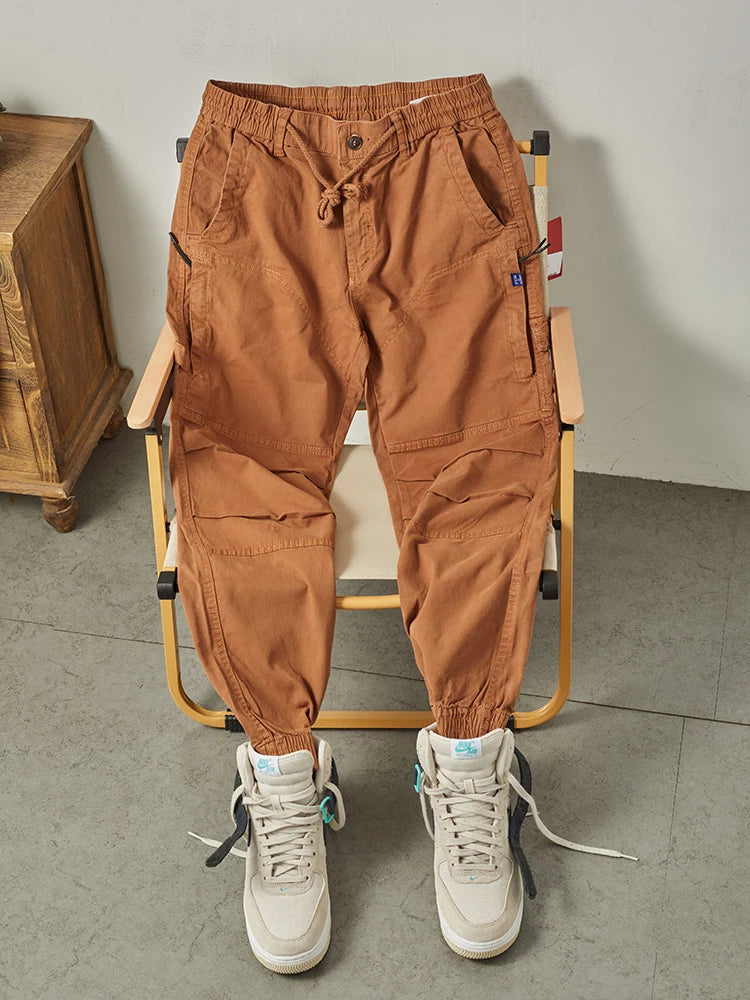 Autumn New American Retro Woven Cargo Pants Men's 97.5% Cotton Washed Elastic Waist Drawstring Loose Casual Anke-tied Trousers
