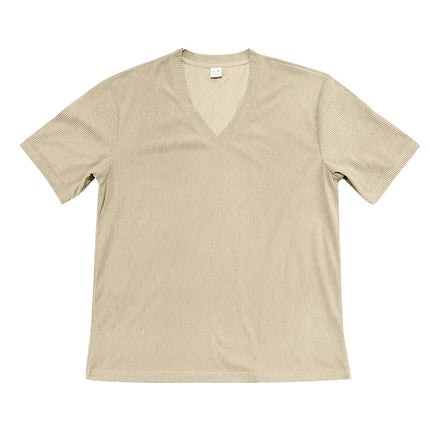 Men's European and American Summer Corduroy Solid Color Slim Casual V-Neck T-Shirt Amazon