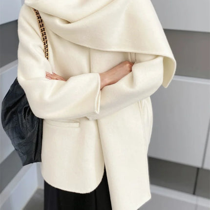 Scarf Collar 100%Wool Coat Women, Korean Fashion Elegant Outerwear, Loose Autumn Winter Jacket