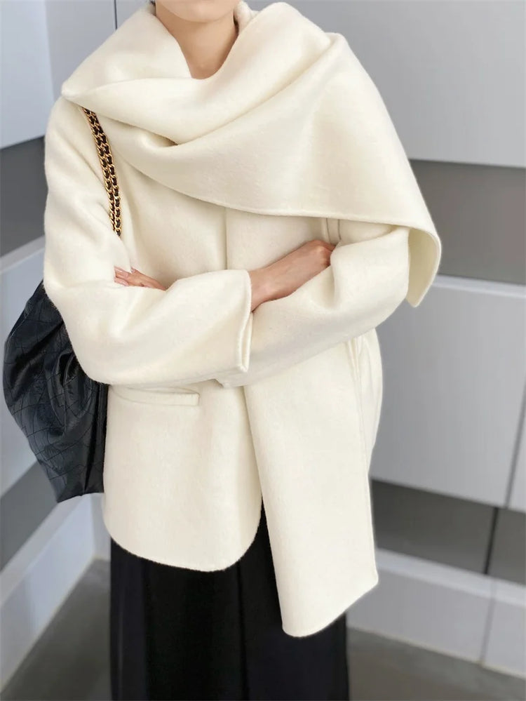 Scarf Collar 100%Wool Coat Women, Korean Fashion Elegant Outerwear, Loose Autumn Winter Jacket