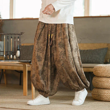 Pantaloni di alta qualità per uomo stile cinese fiore scuro velluto a coste Bloomers casual elastico in vita moda pantaloni larghi a gamba larga maschile