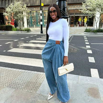 Jeans da Donna a Gamba Larga Lavati a Vita Alta con Pieghe e Effetto Distressed, Denim Vintage Primavera 2026, Pantaloni Femminili Streetwear a Tutta Lunghezza