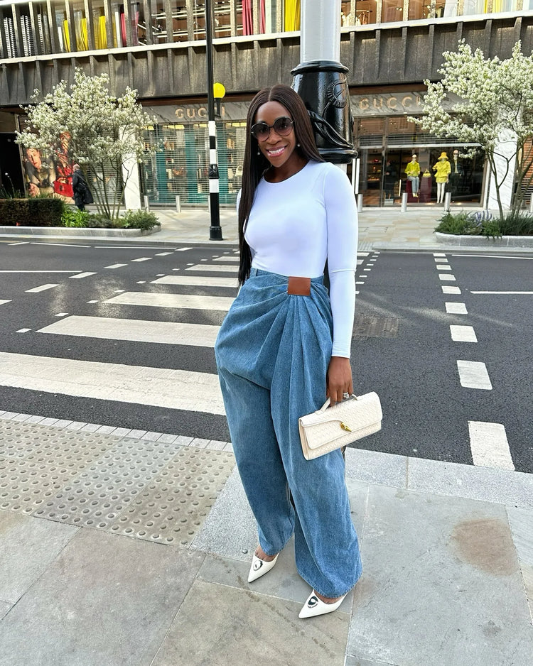 Jeans da Donna a Gamba Larga Lavati a Vita Alta con Pieghe e Effetto Distressed, Denim Vintage Primavera 2026, Pantaloni Femminili Streetwear a Tutta Lunghezza