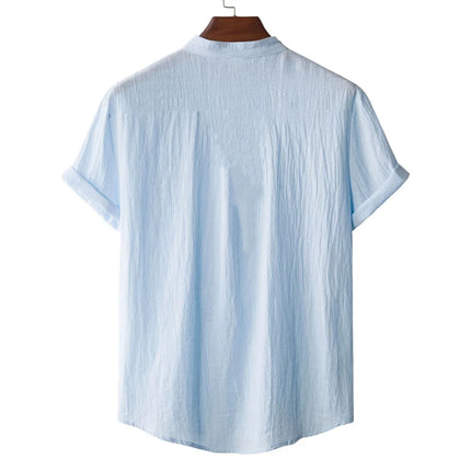 Men's Summer Cotton Linen T-Shirt, Beach Style, Short Sleeve, Henley Neck, for Vacations, Casual, Lightweight, Breathable and Comfortable