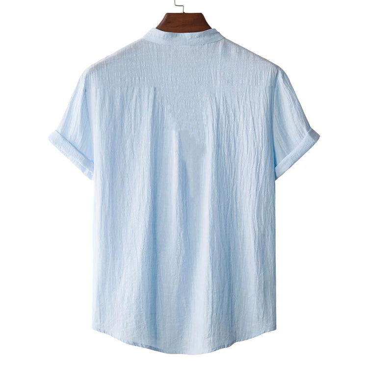 T-shirt Estiva da Uomo in Cotone e Lino, Stile Spiaggia, Manica Corta, Collo Henley, per Vacanze, Casual, Leggera, Traspirante e Confortevole