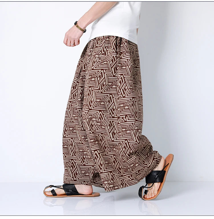 Pantaloni stile cinese uomo retrò Casual gamba larga pantaloni larghi Crossover cotone lino nuovi pantaloni grafici da uomo pantaloni Hip Hop M-5XL