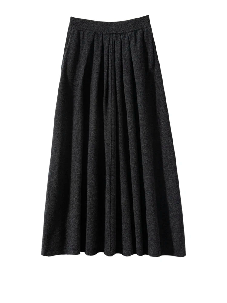 Women's Cashmere Umbrella Skirts Autumn Winter Basic Office Lady Classics 100% Cashmere Knitted A-Line High Waist Pockets Dress PlatiNum